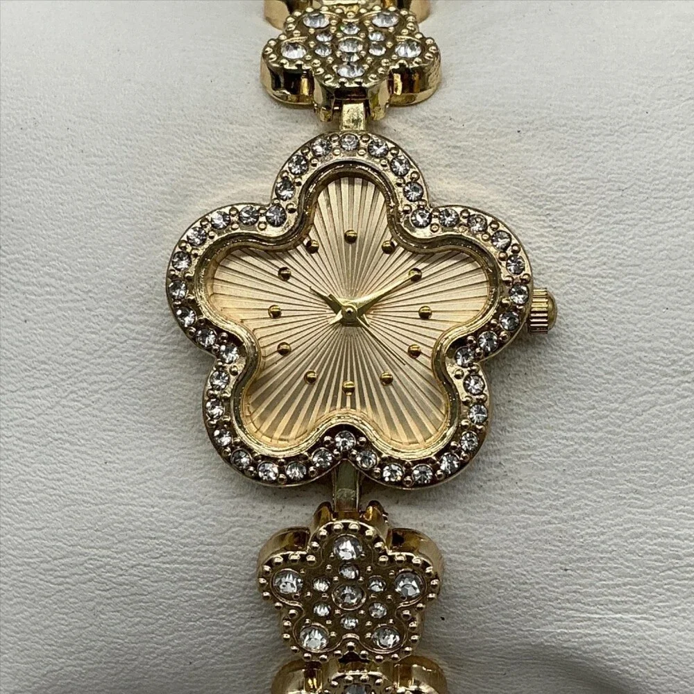 Techno Pave Womens Watch 27mm Champagne Dial Gold Floral Bracelet 10068 8.25